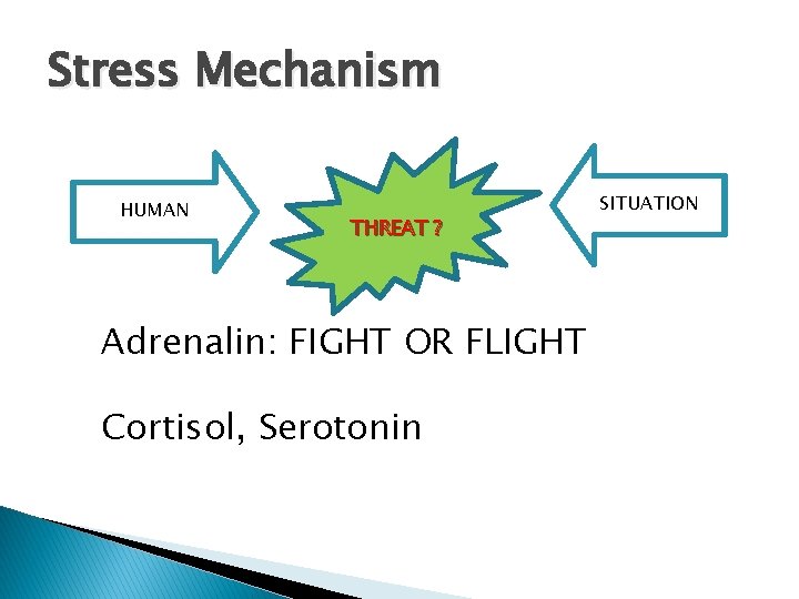 Stress Mechanism HUMAN THREAT ? Adrenalin: FIGHT OR FLIGHT Cortisol, Serotonin SITUATION 