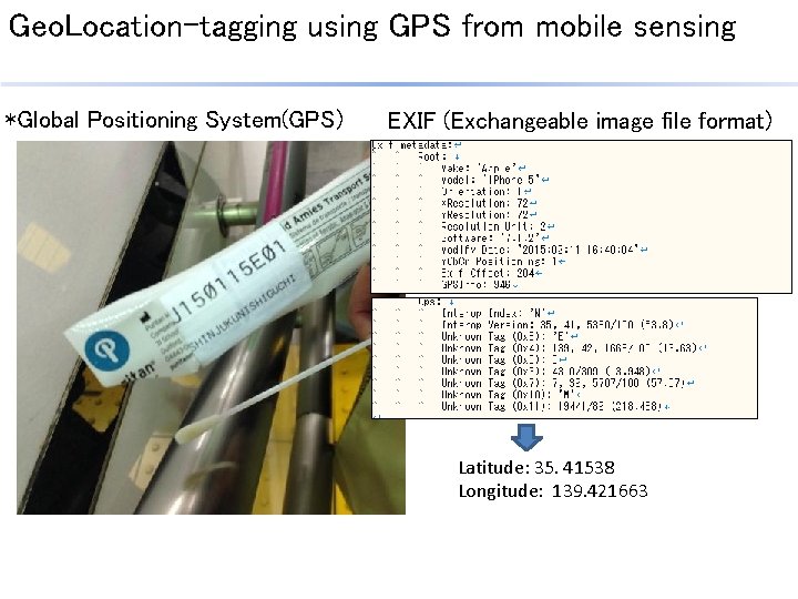 Geo. Location-tagging using GPS from mobile sensing *Global Positioning System(GPS) EXIF (Exchangeable image file