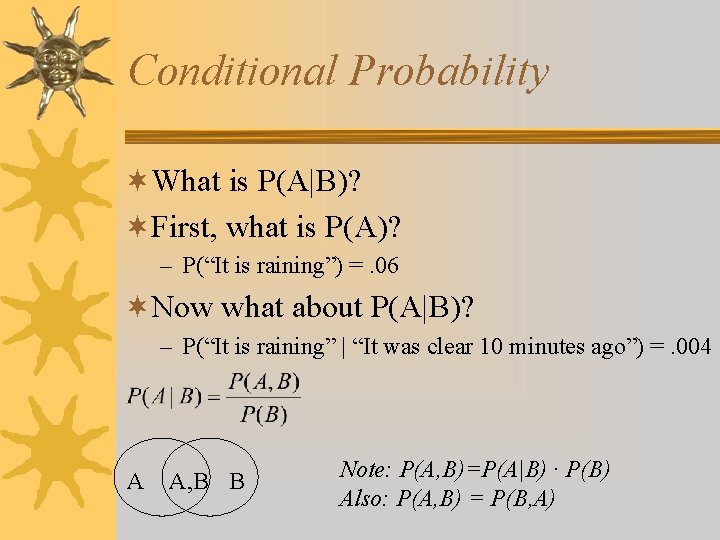 Conditional Probability ¬What is P(A|B)? ¬First, what is P(A)? – P(“It is raining”) =.