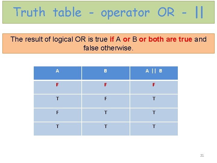 Truth table - operator OR - || The result of logical OR is true