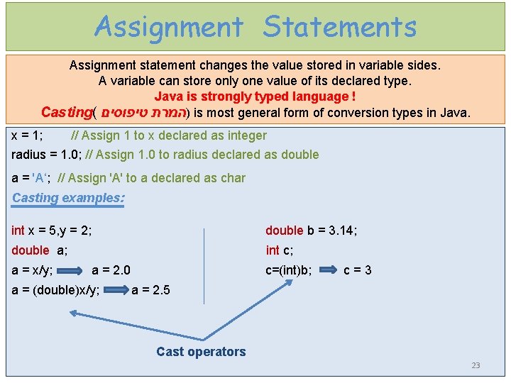 Assignment Statements Assignment statement changes the value stored in variable sides. A variable can