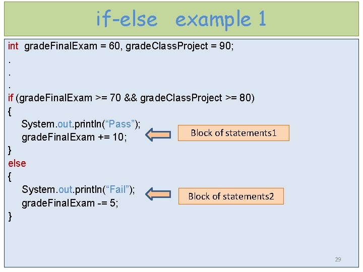 if-else example 1 int grade. Final. Exam = 60, grade. Class. Project = 90;