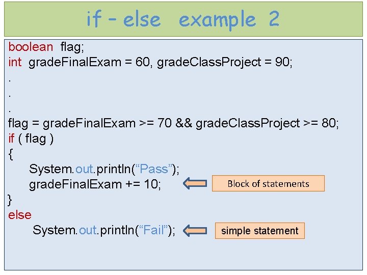 if – else example 2 boolean flag; int grade. Final. Exam = 60, grade.