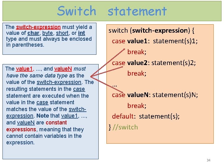 Switch statement The switch-expression must yield a value of char, byte, short, or int