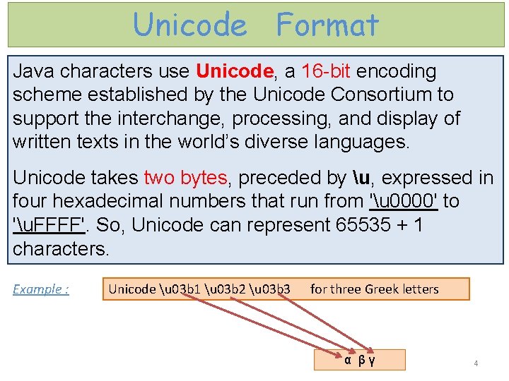 Unicode Format Java characters use Unicode, a 16 -bit encoding scheme established by the