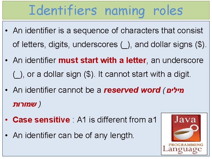 Identifiers naming roles • An identifier is a sequence of characters that consist of