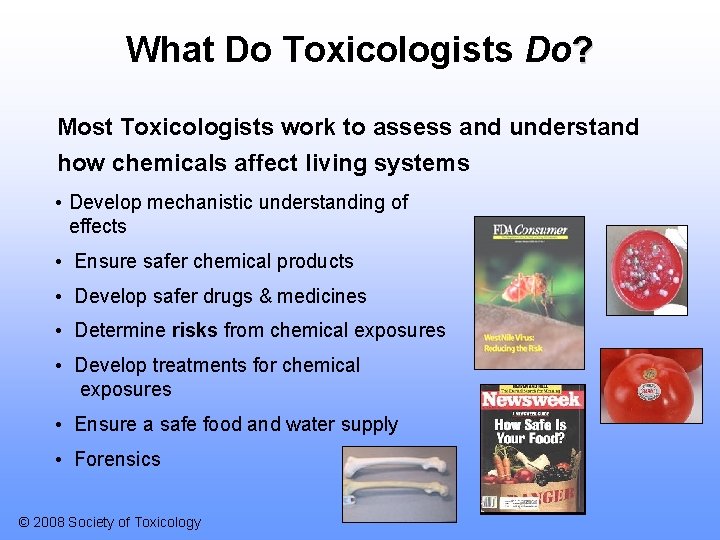 What Do Toxicologists Do? Most Toxicologists work to assess and understand how chemicals affect