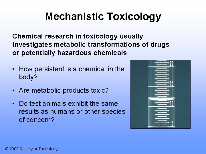Mechanistic Toxicology Chemical research in toxicology usually investigates metabolic transformations of drugs or potentially