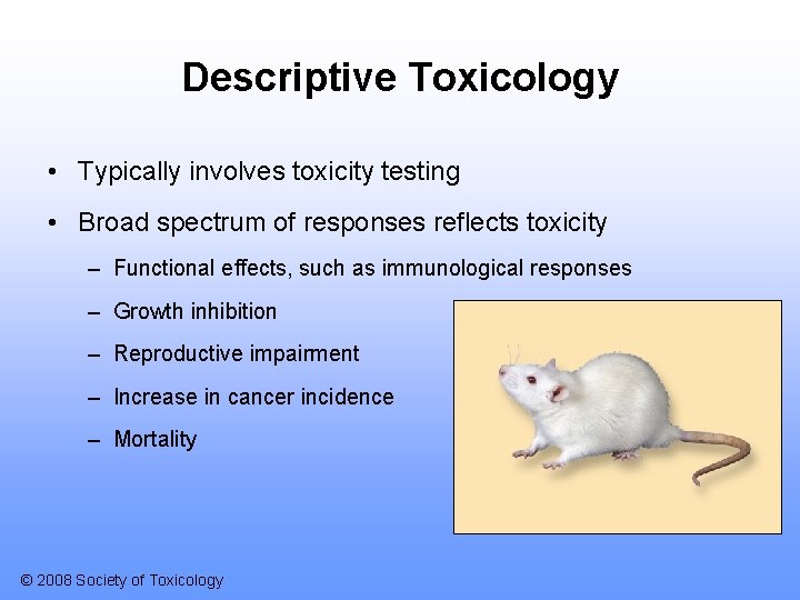 Descriptive Toxicology • Typically involves toxicity testing • Broad spectrum of responses reflects toxicity