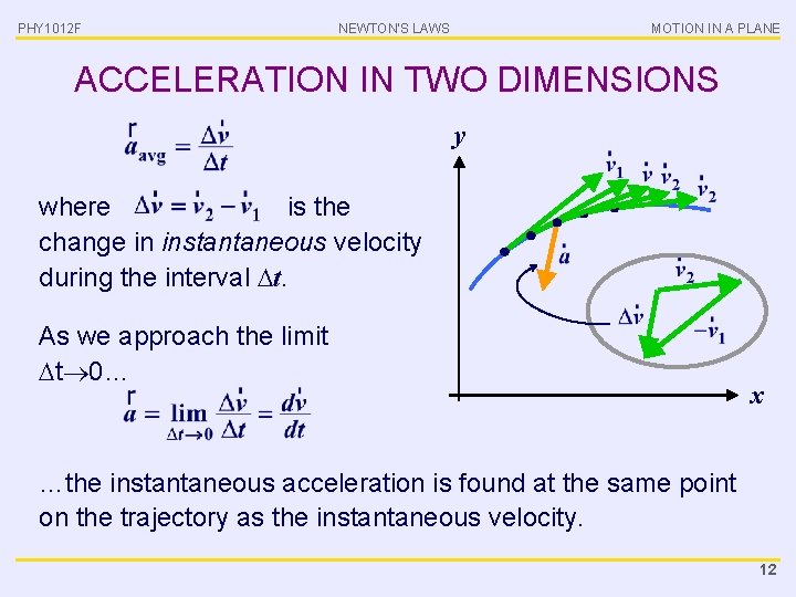 PHY 1012 F NEWTON’S LAWS MOTION IN A PLANE ACCELERATION IN TWO DIMENSIONS y
