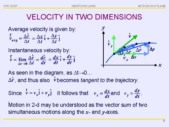 PHY 1012 F NEWTON’S LAWS MOTION IN A PLANE VELOCITY IN TWO DIMENSIONS Average