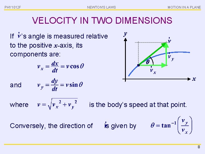 PHY 1012 F NEWTON’S LAWS MOTION IN A PLANE VELOCITY IN TWO DIMENSIONS If