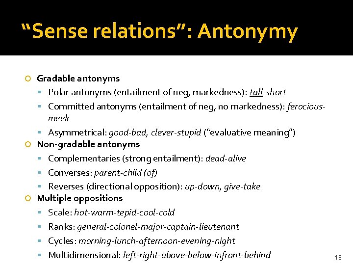 “Sense relations”: Antonymy Gradable antonyms Polar antonyms (entailment of neg, markedness): tall-short Committed antonyms