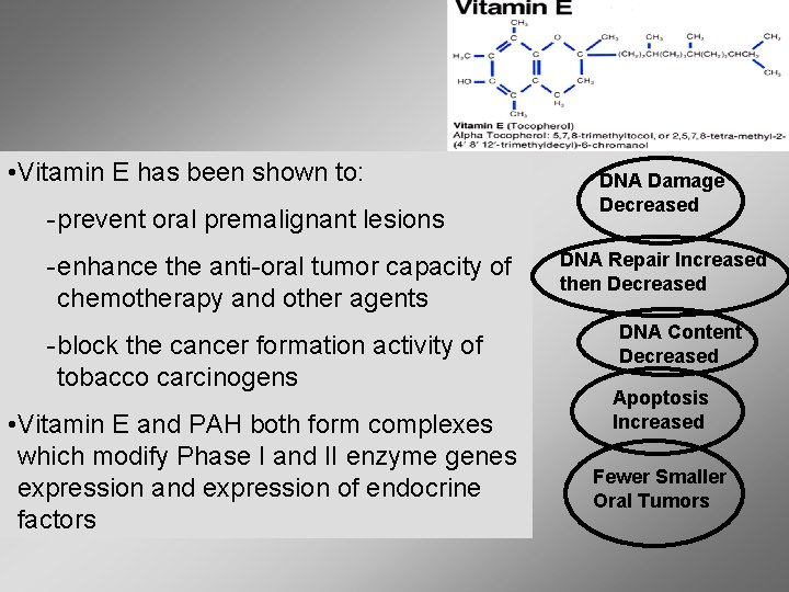  • Vitamin E has been shown to: prevent oral premalignant lesions enhance the