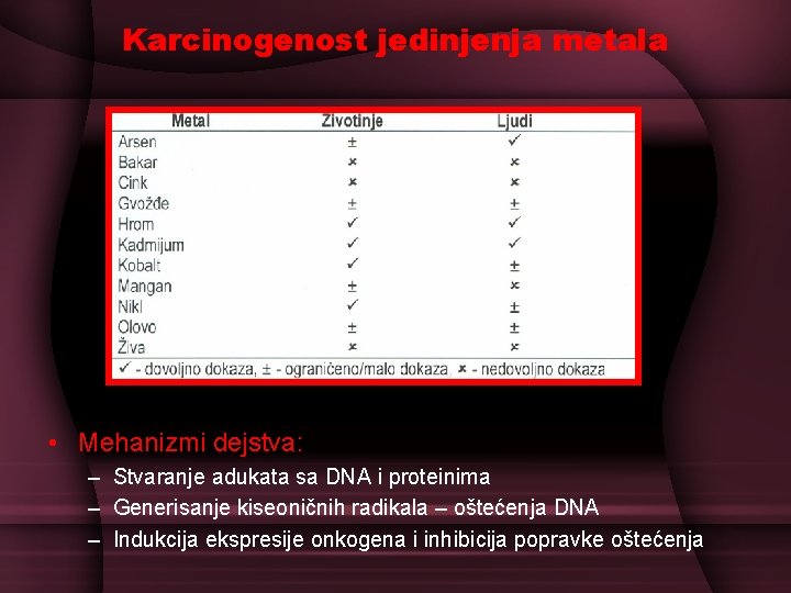 Karcinogenost jedinjenja metala • Mehanizmi dejstva: – Stvaranje adukata sa DNA i proteinima –