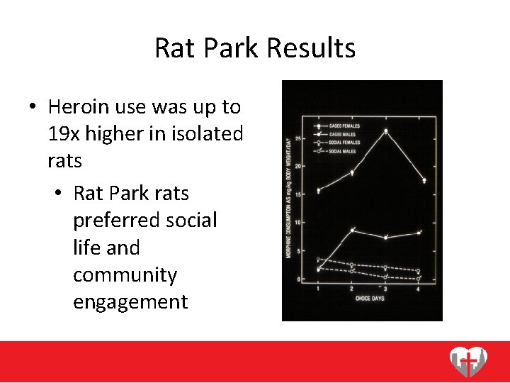 Rat Park Results • Heroin use was up to 19 x higher in isolated