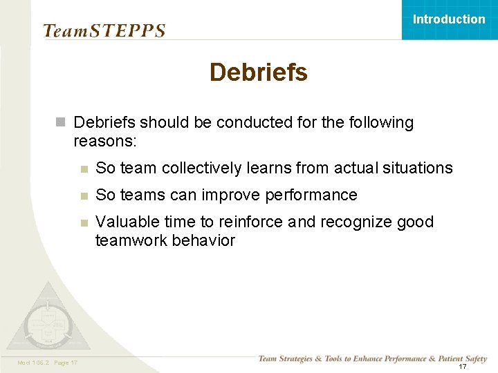 Introduction Debriefs should be conducted for the following reasons: Mod 1 06. 2 05. Introduction Debriefs should be conducted for the following reasons: Mod 1 06. 2 05.