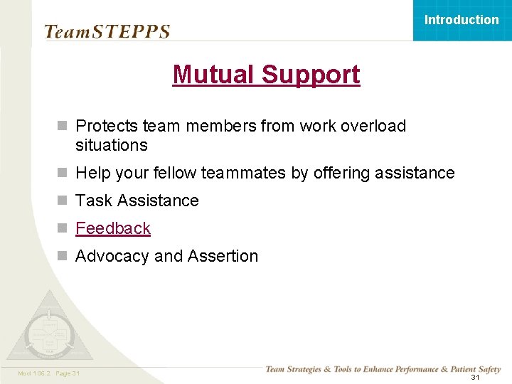 Introduction Mutual Support n Protects team members from work overload situations n Help your