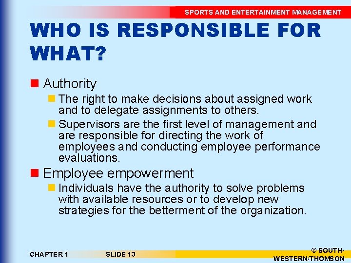 SPORTS AND ENTERTAINMENT MANAGEMENT WHO IS RESPONSIBLE FOR WHAT? n Authority n The right