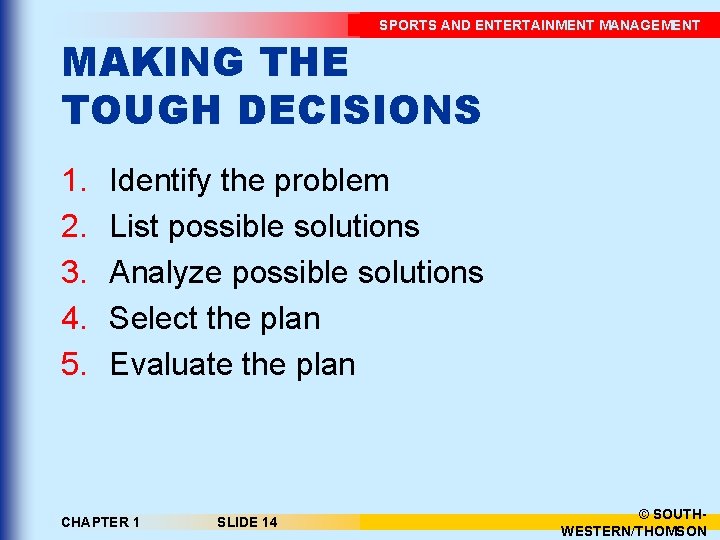 SPORTS AND ENTERTAINMENT MANAGEMENT MAKING THE TOUGH DECISIONS 1. 2. 3. 4. 5. Identify