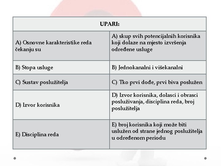 UPARI: A) Osnovne karakteristike reda čekanju su A) skup svih potencijalnih korisnika koji dolaze