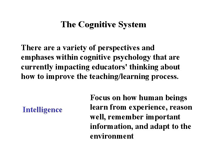 The Cognitive System There a variety of perspectives and emphases within cognitive psychology that