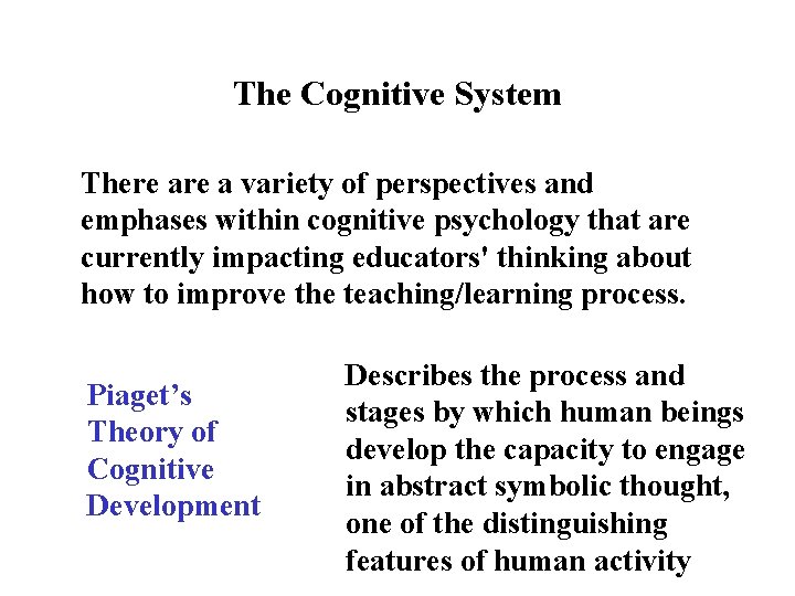 The Cognitive System There a variety of perspectives and emphases within cognitive psychology that