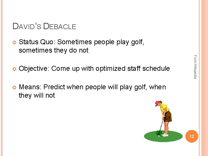 DAVID’S DEBACLE Status Quo: Sometimes people play golf, sometimes they do not Objective: Come DAVID’S DEBACLE Status Quo: Sometimes people play golf, sometimes they do not Objective: Come