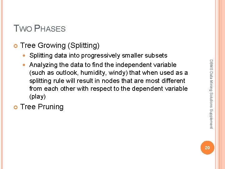 TWO PHASES Tree Growing (Splitting) Splitting data into progressively smaller subsets Analyzing the data TWO PHASES Tree Growing (Splitting) Splitting data into progressively smaller subsets Analyzing the data