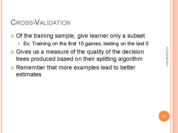 CROSS-VALIDATION Of the training sample, give learner only a subset Ex: Training on the CROSS-VALIDATION Of the training sample, give learner only a subset Ex: Training on the