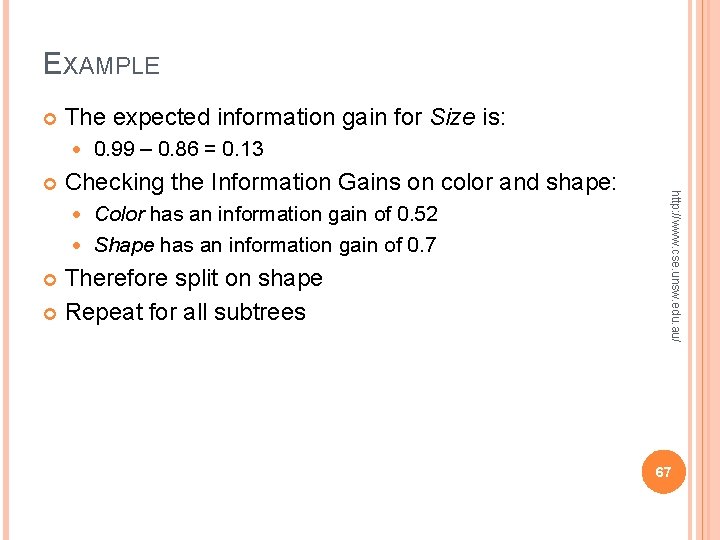 EXAMPLE The expected information gain for Size is: Checking the Information Gains on color EXAMPLE The expected information gain for Size is: Checking the Information Gains on color