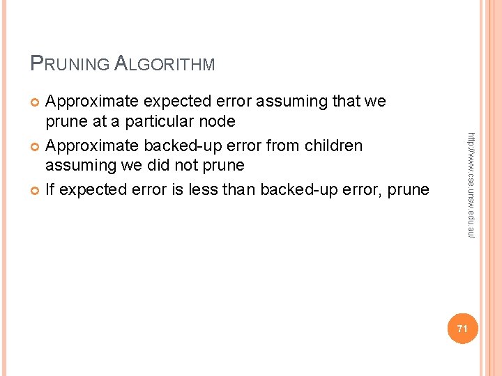 PRUNING ALGORITHM Approximate expected error assuming that we prune at a particular node Approximate PRUNING ALGORITHM Approximate expected error assuming that we prune at a particular node Approximate
