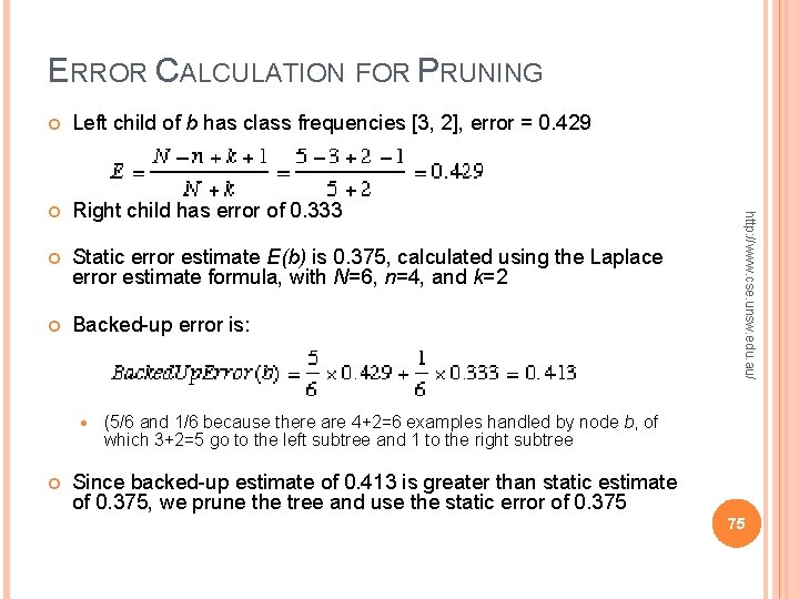ERROR CALCULATION FOR PRUNING Left child of b has class frequencies [3, 2], error