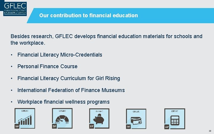 Our contribution to financial education Besides research, GFLEC develops financial education materials for schools Our contribution to financial education Besides research, GFLEC develops financial education materials for schools