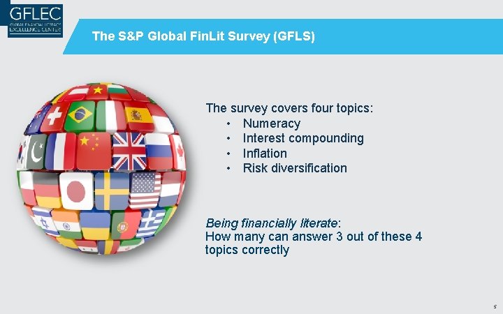 The S&P Global Fin. Lit Survey (GFLS) The survey covers four topics: • Numeracy The S&P Global Fin. Lit Survey (GFLS) The survey covers four topics: • Numeracy