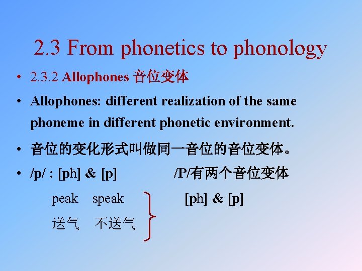 2. 3 From phonetics to phonology • 2. 3. 2 Allophones 音位变体 • Allophones: 2. 3 From phonetics to phonology • 2. 3. 2 Allophones 音位变体 • Allophones: