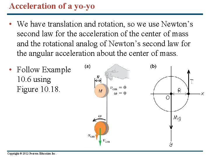 Acceleration of a yo-yo • We have translation and rotation, so we use Newton’s