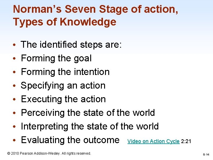 Norman’s Seven Stage of action, Types of Knowledge • • The identified steps are: