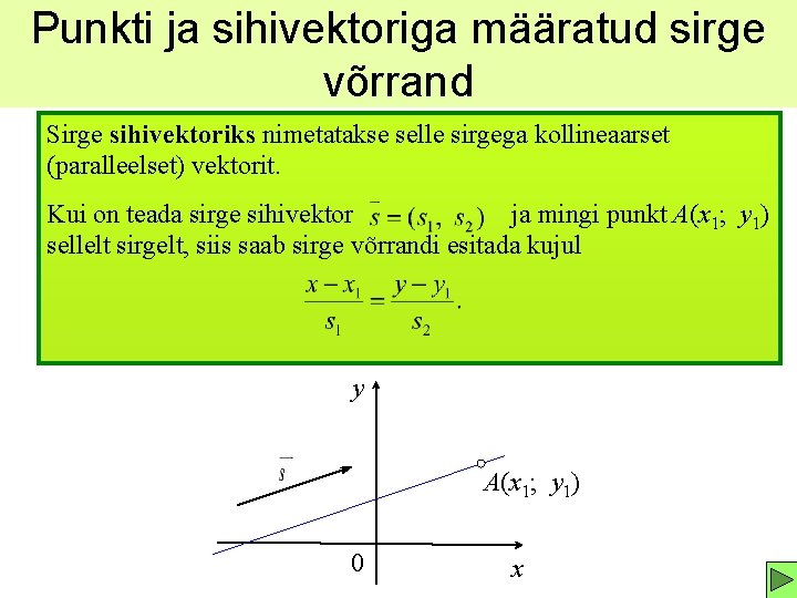 Punkti ja sihivektoriga määratud sirge võrrand Sirge sihivektoriks nimetatakse selle sirgega kollineaarset (paralleelset) vektorit.