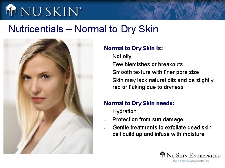 Nutricentials – Normal to Dry Skin is: Not oily Few blemishes or breakouts Smooth