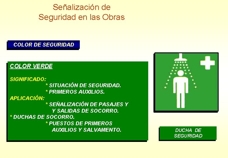 Señalización de Seguridad en las Obras COLOR DE SEGURIDAD COLOR VERDE SIGNIFICADO: * SITUACIÓN Señalización de Seguridad en las Obras COLOR DE SEGURIDAD COLOR VERDE SIGNIFICADO: * SITUACIÓN