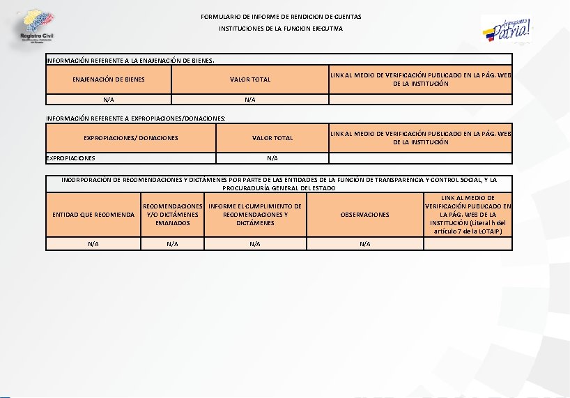 FORMULARIO DE INFORME DE RENDICION DE CUENTAS INSTITUCIONES DE LA FUNCION EJECUTIVA INFORMACIÓN REFERENTE