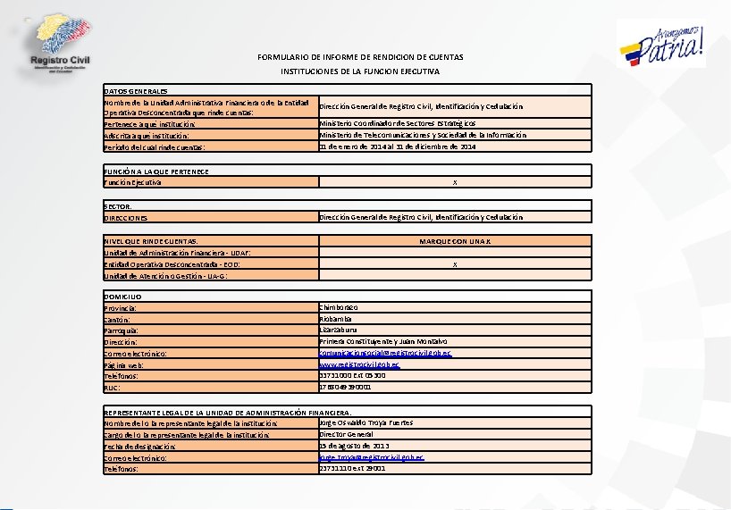 FORMULARIO DE INFORME DE RENDICION DE CUENTAS INSTITUCIONES DE LA FUNCION EJECUTIVA DATOS GENERALES