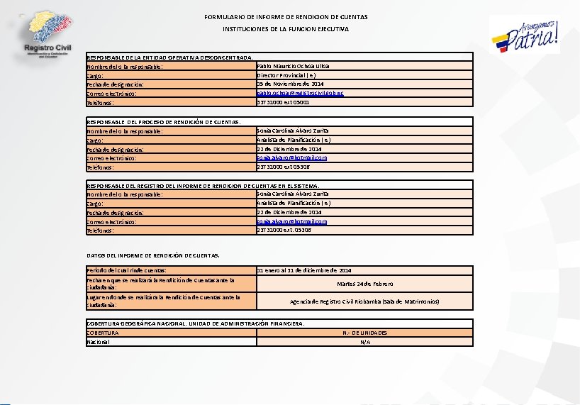 FORMULARIO DE INFORME DE RENDICION DE CUENTAS INSTITUCIONES DE LA FUNCION EJECUTIVA RESPONSABLE DE