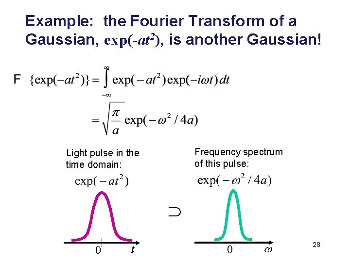 Example: the Fourier Transform of a Gaussian, exp(-at 2), is another Gaussian! Frequency spectrum