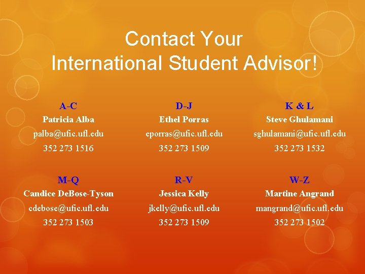 Contact Your International Student Advisor! A-C D-J K&L Patricia Alba Ethel Porras Steve Ghulamani