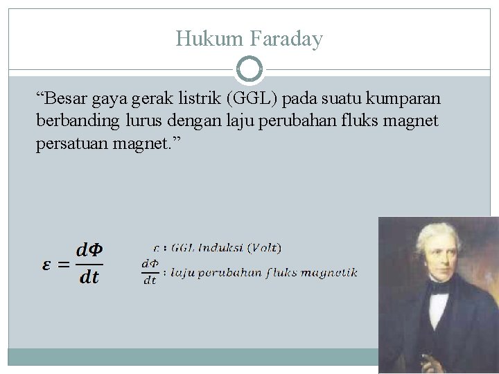 Hukum Faraday “Besar gaya gerak listrik (GGL) pada suatu kumparan berbanding lurus dengan laju
