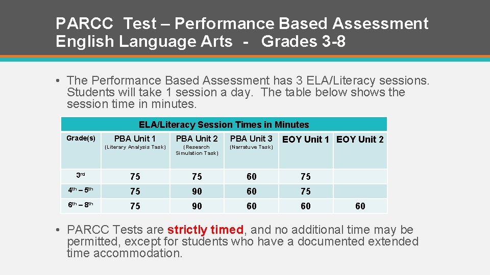 PARCC Test – Performance Based Assessment English Language Arts - Grades 3 -8 •