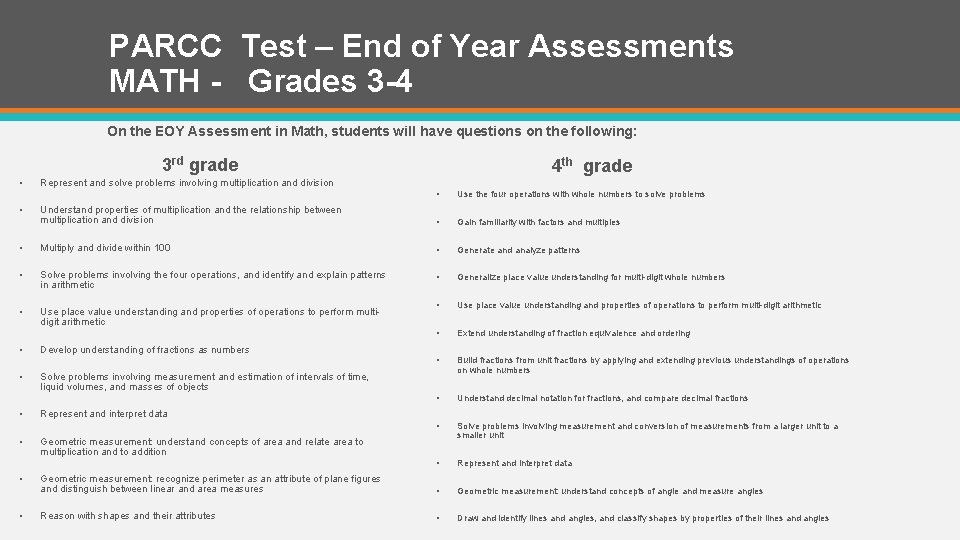 PARCC Test – End of Year Assessments MATH - Grades 3 -4 On the