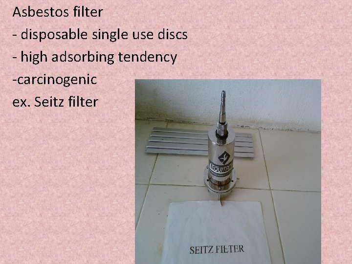 Asbestos filter - disposable single use discs - high adsorbing tendency -carcinogenic ex. Seitz